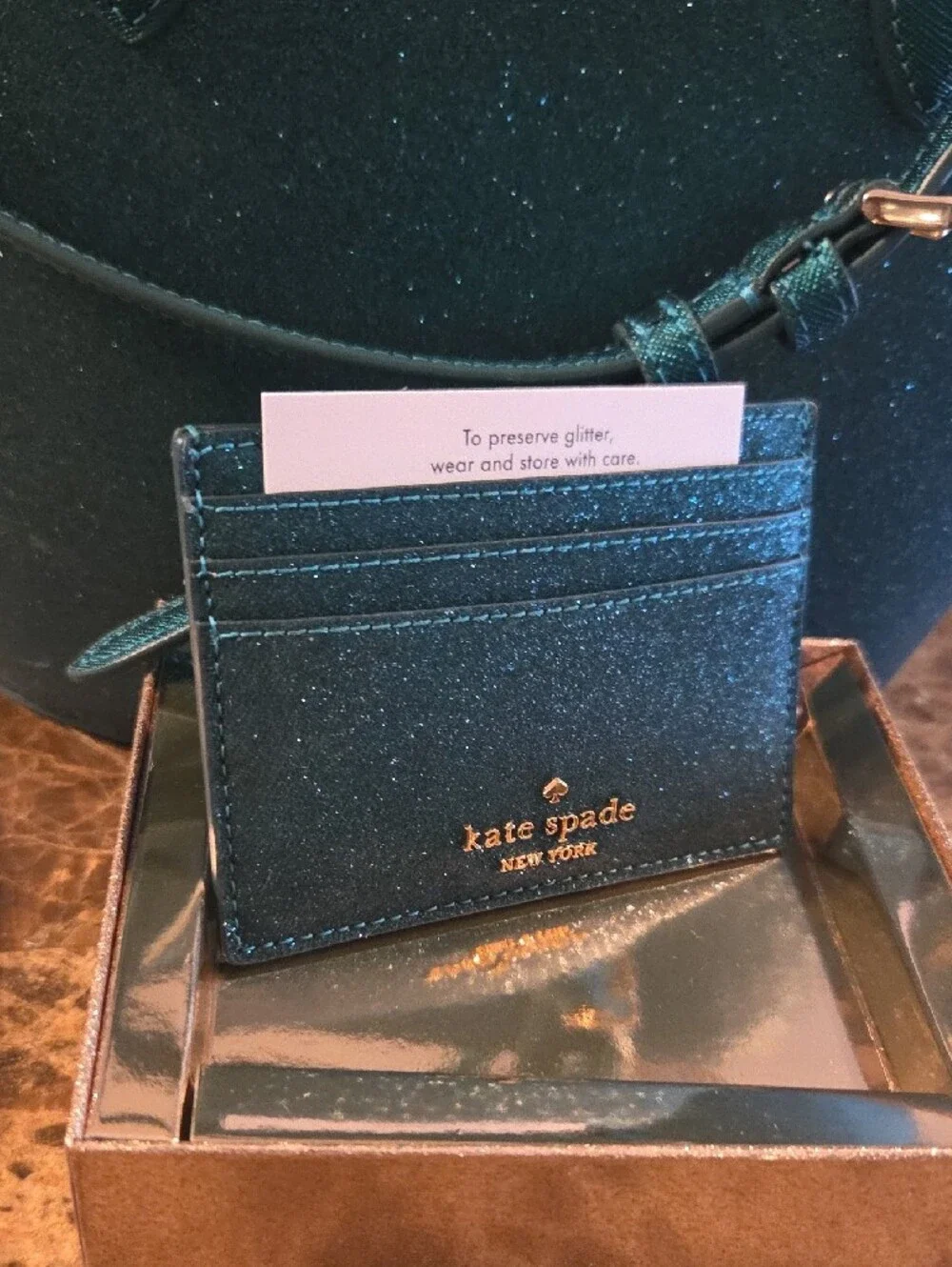 Kate Spade Teal Glitter Satchel with Matching Cardholder Set